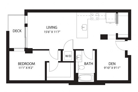 Floor plan for 1 bed, 1 bath, 814 sqft